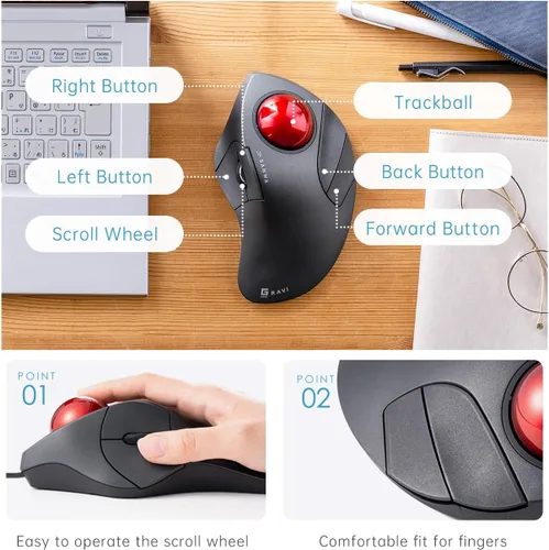 Vista 5 de SANWA Ratón de Trackball ergonómico con cable, ratón óptico Rollerball, botones silenciosos programables, Trackball de 1.732 in, 600/800/1200/1600