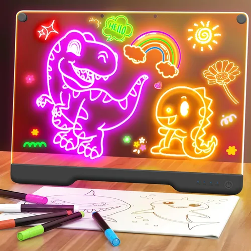 Vista 8 de Tablero de notas LED recargable de 16 pulgadas, 7 modos de luz de color, almohadilla de dibujo de borrado en seco de neón con soporte integrado