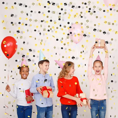 Vista 7 de 410 piezas de purpurina dorada de abeja, amarillo y negro, confeti hexagonal circular de panal para fiesta temática de abeja, baby shower