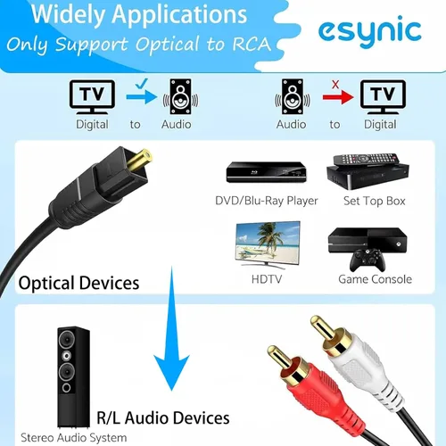 Vista 2 de eSynic Adaptador óptico portátil a RCA de 7 pies de largo, convertidor DAC de 192 kHz Plug & Play, convertidor de audio digital a analógico