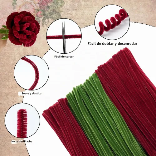 Vista 4 de 300 limpiadores de tuberías gruesos, suministros de manualidades a granel Rojo oscuro y verde