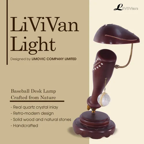 Vista 2 de Lámpara de escritorio de béisbol hecha a mano con incrustaciones de piedra de cuarzo, luz nocturna creativa, lámpara de mesa de luz cálida