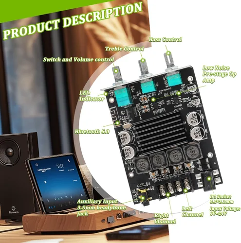 Vista 3 de Placa de amplificador Bluetooth de 100W+100W con control de agudos y bajos Chips TPA3116D2 DC 9-24V Entradas BT y AUX 2.0 Canales Placa