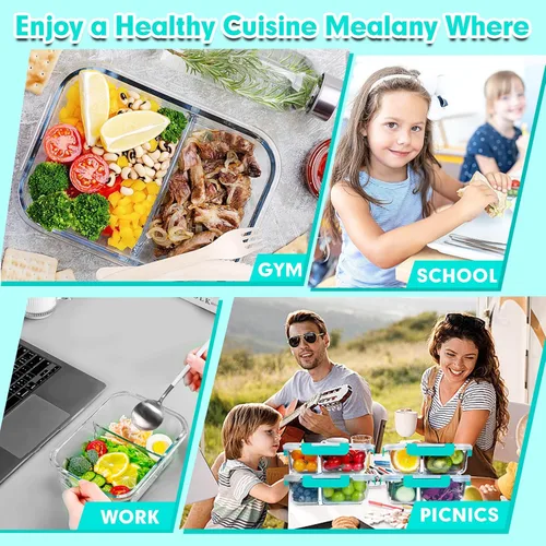 Vista 6 de VERONES Paquete de 5 recipientes de vidrio para preparación de comidas, juego de 2 compartimentos, recipientes herméticos de vidrio para almuerzo