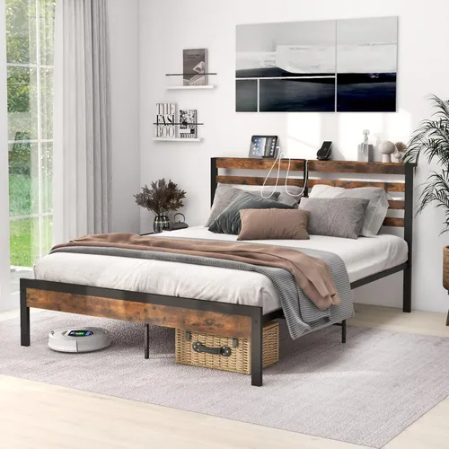 Vista 7 de Giantex Base de cama de metal con estación de carga, plataforma industrial con cabecera de almacenamiento, base de colchón resistente, fácil