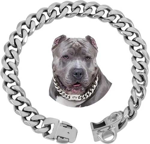 BAOBOTE Collar de perro de acero inoxidable plateado de 0.59 pulgadas con cadena de eslabones cubanos resistente a prueba de mordidas, collar de