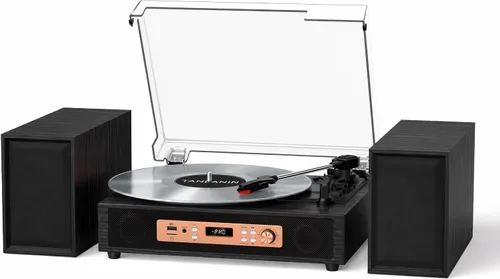 Tocadiscos de vinilo retro con altavoces integrados y externos negro rosa dorado
