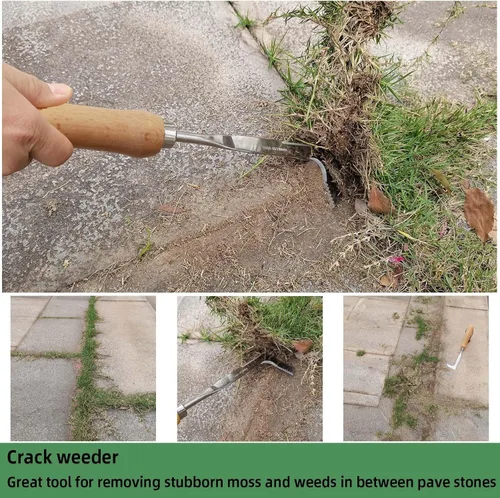 Vista 7 de Desbrozadora de grietas, herramienta de deshierbe de acero inoxidable, espátula extractor de malezas en forma de L, desbrozadora manual eficiente