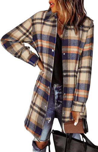Vista 23 de EVALESS Chamarra Shacket de Cuadros con Bloques de Color para Mujer, Ropa de Otoño, Conjuntos de Moda 1b marrón