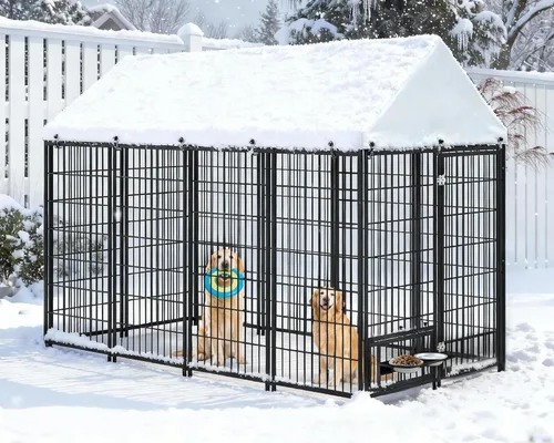 Vista 9 de Perrera grande de 10 x 10 x 6 pies para perros grandes – Perrera resistente al aire libre con techo, perreras cubiertas con puerta de alimentación
