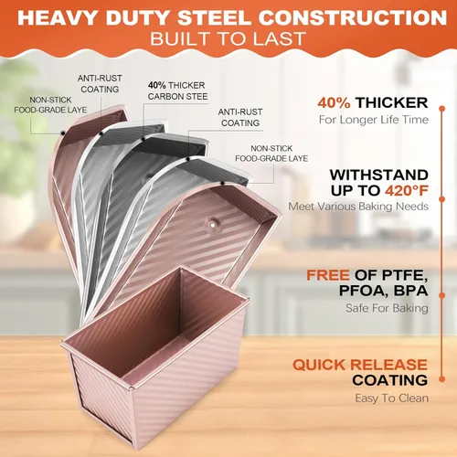 Vista 4 de Pavsrmy Paquete de 2 moldes para pan Pullman con tapa, capacidad para 1 lb/0.5 lb de masa, molde premium para pan de sándwich con tapa, molde