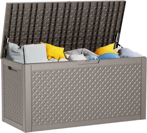Vista 22 de Caja de almacenamiento para exteriores de 35 galones, resistente a la intemperie, protección UV, impermeable, caja de resina para jardín, patio