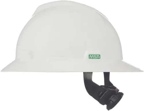 Vista 2 de MSA - Casco V-Gard de ala completa con suspensión, cubierta de polietileno, protección superior contra impactos y correas de corona autoajustables