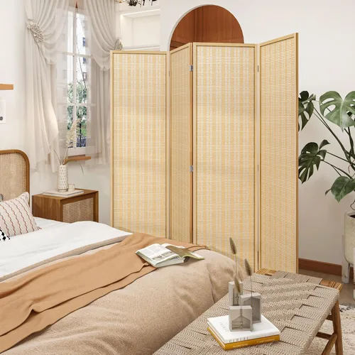 Vista 8 de Divisor de habitación de bambú, 4 paneles, pantallas de privacidad plegables para separación de habitaciones, divisor de habitación independiente