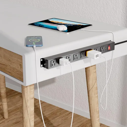 Vista 4 de Regleta de alimentación de 8 tomas con protector contra sobretensiones, regleta de alimentación de metal resistente de 6 pies con interruptor
