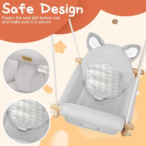 Vista 3 de Columpio colgante de madera para bebé con cinturón de seguridad suave, acogedor asiento de columpio infantil
