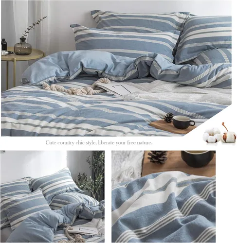Vista 5 de BISELINA Juego de funda de edredón 100% algodón lavado con textura similar al lino teñido a rayas horizontales reversible, transpirable, suave