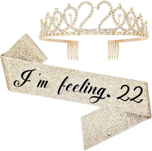 Tiara y banda con texto en inglés "I Feeling 22" Birthday - Happy 22nd Fabulous Fabulous Sash Crystal Tiara Crown for 22nd Party Supplies and Decor,