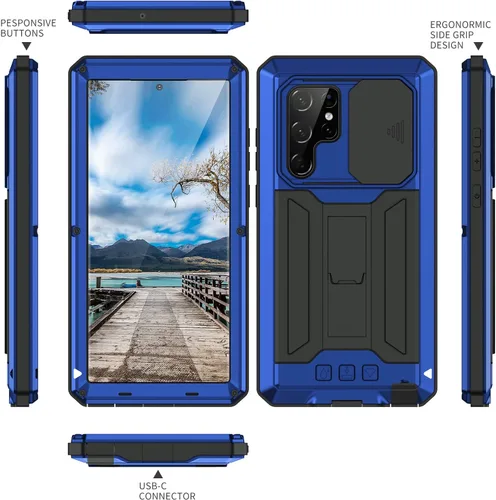 Vista 4 de Funda para Samsung S22 Ultra con protector de cámara de pantalla, Samsung S22 Ultra resistente de metal militar resistente a prueba de agua