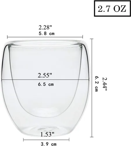 Vista 5 de Vasos de café expreso de 2.7 onzas – Juego de 6, vasos de doble pared con aislamiento térmico para bebidas calientes/frías, transparentes
