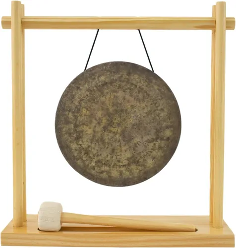 My Little Pagoda Gong y Soporte de Bronce de 8" a 10" - Incluye Mazo, Soporte de Madera, Perfecto para Sanación con Sonido de Escritorio y Meditación