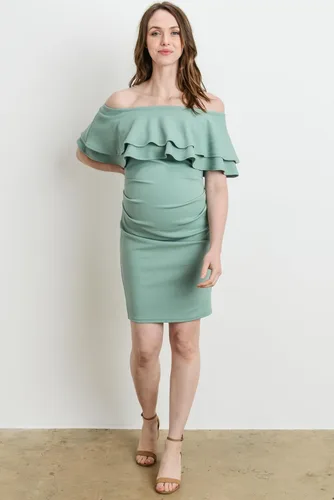 Vista 7 de LaClef Vestido de maternidad con hombros descubiertos para mujer con doble volante