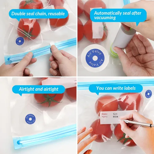 Vista 7 de Bolsas Sous Vide 28 piezas, sin BPA, reutilizables, con válvula de aire, almacenamiento de alimentos de doble capa para cocinar, almacenar alimentos