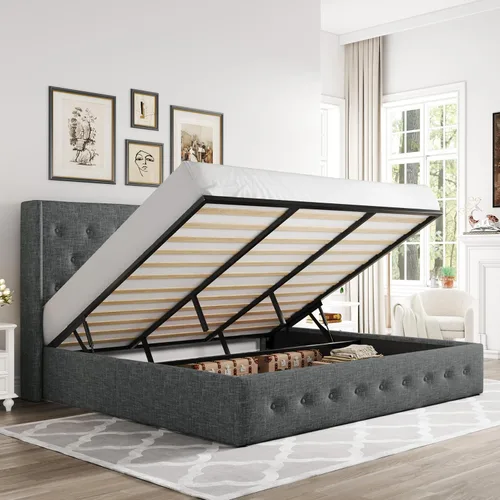 Vista 25 de Allewie Cama de almacenamiento elevable tamaño Queen, cabecera moderna con respaldo alado, soporte hidráulico, no necesita somier, gris claro