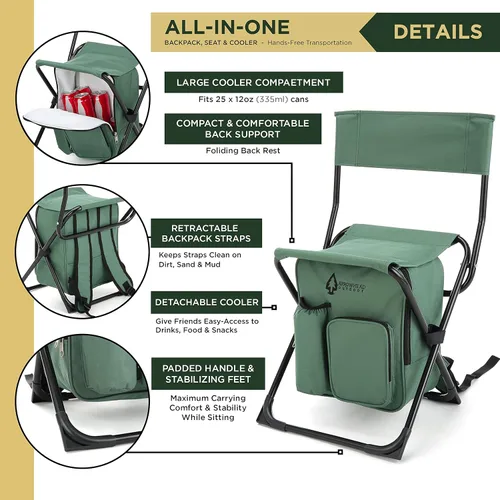 Vista 4 de Arrowhead Outdoor Silla de campamento compacta multifunción 3 en 1: mochila, taburete y enfriador aislado, con soporte para botellas y bolsa