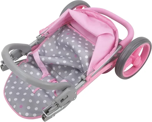 Vista 2 de 509 Crew Cotton Candy Pink Cochecito de muñeca en tándem gemelo, rosa, gris, lunares, muñecas de hasta 18 pulgadas, capacidad para 2 muñecas