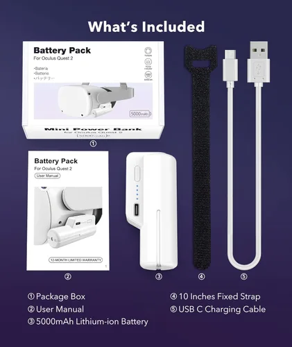 Vista 6 de 5000mah Battery Pack fit for Meta Oculus Quest 2 & Elite Head Strap, Lightweight Portable VR Power Charger Battery Extender Rechargeable Meta