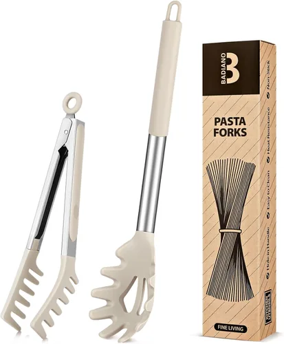 Vista 9 de Cuchara de silicona para espaguetis y pinza para pasta, mango de acero inoxidable antiadherente, juego de tenedores para pasta con dientes, clip