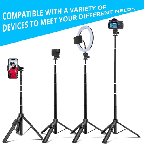 Vista 3 de BZE Trípode extensible para selfie de 62 pulgadas con control remoto inalámbrico y soporte para teléfono, soporte portátil de aleación de aluminio 3