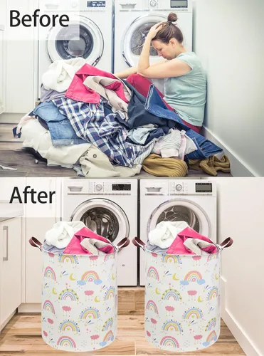 Vista 3 de ESSME Cesta de ropa sucia con diseño de arcoíris, plegable para niños, con revestimiento de polietileno impermeable, cesta de guardería para niñas