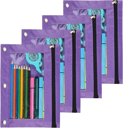 Vista 6 de SdeFe Estuche para lápices para carpeta de 3 anillas, estuche con cremallera para lápices con ventana transparente, paquete de 4 unidades (negro)