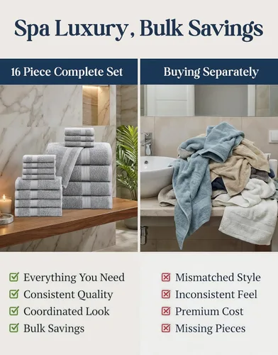 Vista 6 de LANE LINEN - Juego de toallas de baño de 16 piezas, color gris espacial, 100% algodón, altamente absorbente, 4 para manos y 8 paños