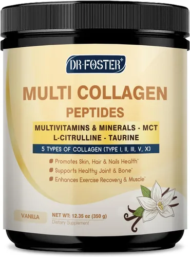 DRFOSTER Péptidos de colágeno de vainilla en polvo para mujeres y hombres, colágeno multi tipo I II III V X con multivitaminas y minerales para