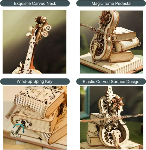 Vista 4 de ROKR Rompecabezas 3D para adultos, a escala 1:5, kit de modelo de violonchelo con base, 199 piezas, caja de música de madera, kit de construcción