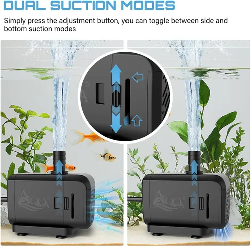 Vista 2 de AQQA Bomba de agua sumergible para acuario, bomba de fuente con flujo ajustable, entrada lateral/inferior de doble succión, protección térmica