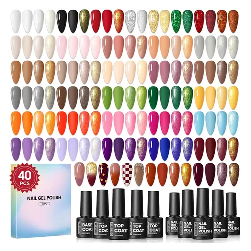 COSCELIA Juego de 40 esmaltes de uñas de gel, 35 colores con 5 capas base superior, rojo, nude, rosa, brillantina, colores para todas las
