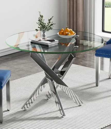 Vista 109 de Mesa de comedor redonda de 36 pulgadas para 4, mesas de cocina y comedor de cristal, moderna mesa de comedor circular con mesa de vidrio templado