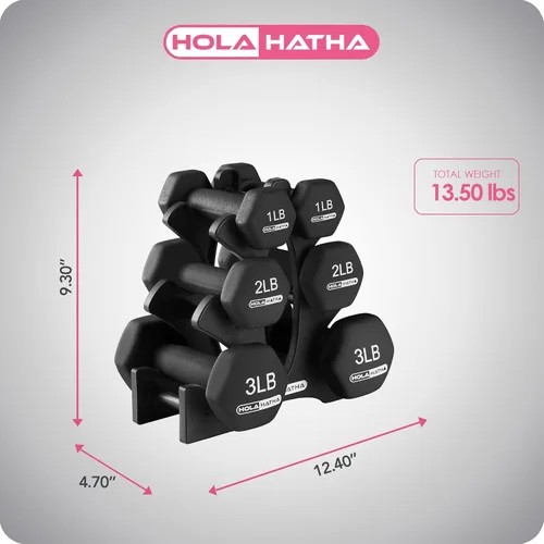 Vista 2 de HolaHatha Neoprene Dumbbell Weights Set w/Rack, Home Gym Equipment - Portable Weighted Exercise Dumbbells for Fitness, Training, and Lifting Workouts