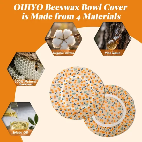 Vista 4 de OHIYO Fundas reutilizables para tazón de cera de abejas (2 grandes), tela elástica de algodón para pan de masa madre, tapas de tazón reutilizables