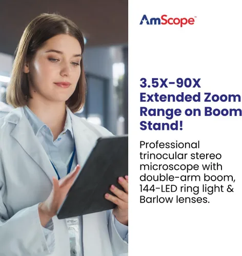 Vista 2 de AmScope Microscopio profesional trinocular con zoom estéreo SM-4TZ-144A, unidades de visualización WH10x, aumento de 3,5X-90X, objetivo con zoom
