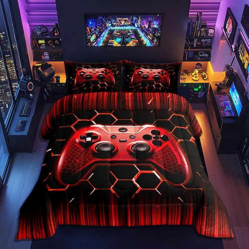 Vista 37 de Manfei - Juego de edredón de cuadrícula geométrica tamaño individual, edredón a cuadros rojo y negro, decoración para dormitorio de hombres