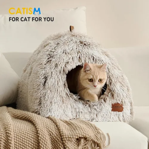 Vista 7 de CATISM Cama para gatos, cueva para gatos de interior, cúpula suave para gatos, autocalentable 2 en 1, casa plegable para gatos con almohada