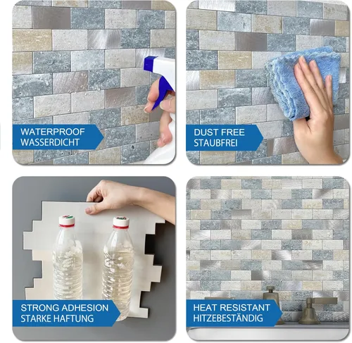 Vista 6 de Azulejos adhesivos de ladrillo para salpicaduras de cocina, azulejos impermeables para salpicaduras de baño (5 hojas, azul gris)