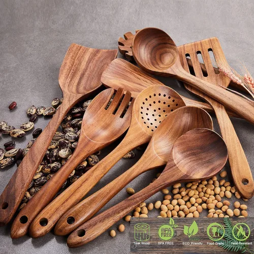 Vista 4 de GUDAMAYE - Juego de utensilios de cocina de madera, 6 cucharas de madera para cocinar, utensilios de cocina de madera, cucharas de madera de teca