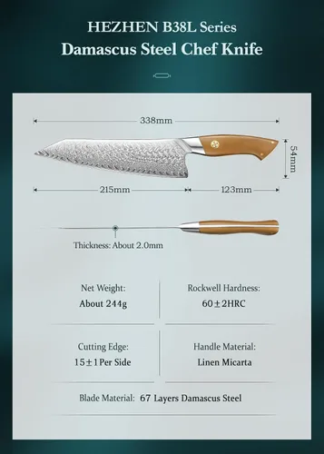 Vista 7 de Cuchillo de chef de Damasco, 8.5 pulgadas, 67 capas de acero de damasco, cuchillo de cocina japonés profesional para chefs y cocina casera, hoja