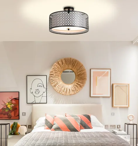 Vista 8 de Lámpara de techo semiempotrada de 17 pulgadas, moderna iluminación de techo E26 de doble tambor de 3 luces con jaula de malla de hierro negro mate